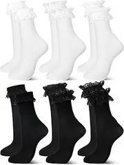 [Fourluoo] 6 Pairs Womens Lace Ankle Socks Ruffle Frilly Socks Mesh Fishnet Calf Socks Princess Lolita Socks for Girls Womens