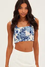 Blue Floral Crop Top Sleeveless Square Neck Shirred - Size 14, Women's Crop Top