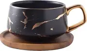 Golden Marble Matte Black 10.5 Oz Ceramic Latte Coffee Tea Cups with Saucer NEW