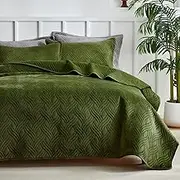 WARMDERN Ultrasonic Green Velvet Quilt Set King Size, Geometric Textured Weave Pattern Modern Quilt Bedding Set, 3 Piece Soft Microfiber Bedspreads Coverlet for All Season, Green, 106x96 inches