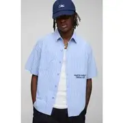 Mens Blue Tall Oversized Boxy Monte Carlo Embroidered Stripe Shirt