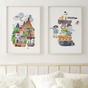 Nursery Wall Art Prints, Pirate Animals, Boy bedroom print set of 2, pirate ship