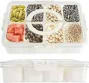 Divided Serving Tray with Lids&Removable Snack Box, 8 Compartment Square Food Organizer with 6 Fork 1 Wood Spoon, Snack Organizer Box for Snack Candy Fruits