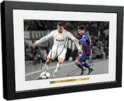Signed 12x8 Black Soccer Cristiano Ronaldo Real Madrid Lional Messi Barcelona Autographed Photo Photograph Football Picture Frame Gift A4
