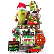 18 Pcs Christmas Tiered Tray Decor Set Lime Green Red Gnome Plush Christmas W...