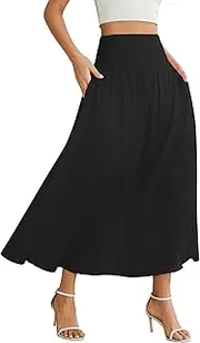 [ETOSELL] Women's Elastic High Waisted Midi Skirts with Pockets Trendy A-Line Flowy Swing Basic Skirt, Black, Large