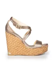 Gold Leather Strap Cork Wedge Sandals