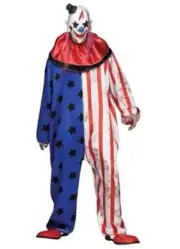 Mens Evil Clown Halloween Costume Red White Blue Jumpsuit, Mask, Collar 3 Pc- OS