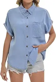 [YPCT] Women's Button Down Cropped Denim Shirt Casual Business Jean Tops with Pockets, Light Blue, X-Large
