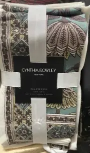 Cynthia Rowley Napkins Jacobean Floral Pattern Geometric Border Teal - Set of 4