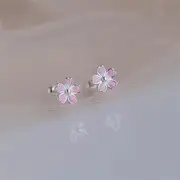 Enamel Cherry Blossom Stud Earring / Ear Jacket A94 - Stud Earring - Pink & Silver - One Size