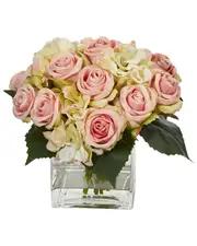 Nearly Natural Rose and Hydrangea Bouquet Artificial Arrangement in Vase