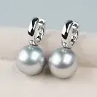 Round Silver 12.8MM Tahitian Pearl Earrings 14K Solid White Gold Snap Closure