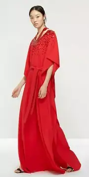 $2990 New Oscar de la Renta RED Silk Embroidered Caftan Sequins S M L
