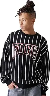[FUBU] Hub fam-51701 Men's Sweater, Crew Neck, Striped, Hip Hop, American Casual, Street, Large Sizes, Black, 2XL
