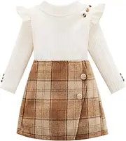 [Patgoal] Baby Girl Clothes Toddler Ruffled Long Sleeve Button Tops + Plaid Skirt + Hat Set Kids Girl 3Pcs Fall Winter Outfit
