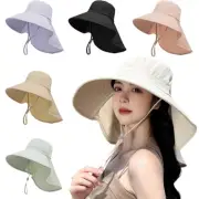 Women Bucket Sun Hat Wide Brim Neck Cover Flap Ponytail Summer Beach Fishing Cap