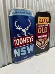 NSW QLD ORIGIN BEER CANS X 2 LARGE METAL SIGN DIE CUT 3D DESIGN