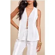 White Tie Front Linen Look Sleeveless Top, White
