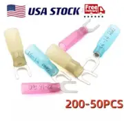 200-50X Heat Shrink Spade Crimp Terminals Fork #10 22-10AWG Stud Wire Connectors