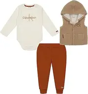 [Calvin Klein] Baby Boys 3 Piece Berber Fleece Vest Set, Berber Tan/Marshmallow/Bloom Rust