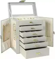 Large Jewelry Box Organizer Functional Lockable with Big Mirror, Leather
