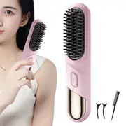 Mini Cordless 2 in 1 Hair Straightener Curler Brush Quick Heat Up-Pink