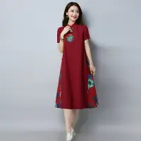 在飛比找樂天市場購物網優惠-秋裝新款民族風復古女裝棉麻連衣裙中國風旗袍長裙