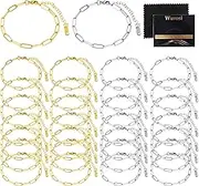 30PCS 18K Gold Plated Charm Bracelet Chains 6.3Inch Stainless Steel Bracelets Chain Bulk Link Bracelet with Lobster Clasps for Women DIY Bracelets Crafts Supplies(Gold+Silver)