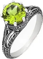 [BL Jewelry] Antique Finish Filigree Sterling Silver Round Cut Natural Garnet Peridot Ring (2 CT.T.W) (5, Peridot)