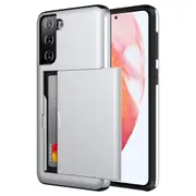 ZUSLAB Galaxy S21 FE 5G Case Slide Armor Card Holder Protective Shockproof Hard Back Cover for Samsung - Silver