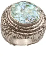 Roman Glass Ring Silver 925Authentic Round Fragment 200 BC Bluish Patina Size 10