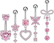 [Niaspi] 5Pcs 14G Dangle Belly Button Rings for Women Stainless Steel Pink Clear CZ Crystal Heart Flower Bowknot Butterfly Belly Rings Curved Navel Barbell Navel Piercing Jewelry