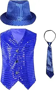 [TiaoBug] Kids Boys Girls Sequins Jacket Shirt Vest Waistcoat Hip-hop Jazz Dance Performance Christmas Costume with Hat Necktie