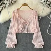 V-Neck Plain Ruffle Trim Tie Front Lace Crop Light Jacket Pink - One Size