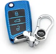 M.JVisun Soft Carbon Fiber Finish Car Key Fob Cover for Volkswagen Atlas Golf Jetta Polo for Tiguan for Skoda Kodiaq Karoq for Audi A1 for Seat Ateca Leon Flip Key TPU Case with Keychain - Blue