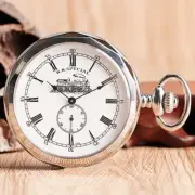 Antique Style Mechanical Pocket Watch Open Face Silver Railway Engine with Chain