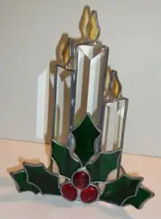 Candle with Holly Tabletop Tea Light Stained Glass Hanging Window SunCatcher Wa