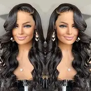 Glueless Wig Human Hair 180% Density Lace Front Wigs Cut Body Wave Wigs Natural Black Glueless Wigs Hair Wet and Wavy Wig, 28 inches,Black