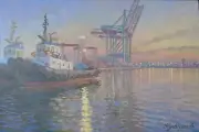paintings on canvas original seascape tugboat in port