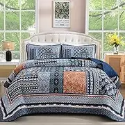 WONGS BEDDING Navy Blue Quilt Set Full Size,Bohemian Patchwork Bedspread Coverlet Set, Reversible Farmhouse Floral Pattern Bedspreads Bedding Set for All Seasons (78"x90")