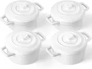 Lareina Mini Cocotte - 12oz Ceramic Casserole Dishes - Kitchen Casserole Sets With Handles And Lid - Small Baking Ramekins - Oven, Microwave & Dishwasher Safe - Set of 4 - White