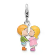 Sterling Silver Amore La Vita Rhodium-Plated Polished Enameled Kissing Couple Charm With Fancy Lobster Clasp