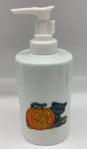 Soap Dispenser - White Porcelain decorated w/ Halloween Jack O Lantern Black Cat