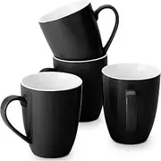 Brew To A Tea - Black Fine Bone China Porcelain Coffee Mugs, Set of 4, 16oz, Modern, Elegant, Microwave & Dishwasher Safe