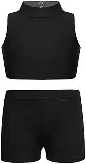 [iiniim] Kids Big Girls 2Pcs Stretchy Tracksuit Sleeveless Mock Neck Crop Tank Top with Bottom Shorts Leotard Activewear