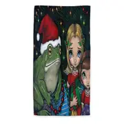 Cute Holiday Christmas Painting Girls and Santa Frog Microfiber Beach Towel