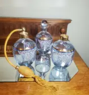 Vintage Amethyst Perfume Atomizer, Decanter And Holder set
