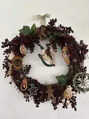 Vtg Wood Gingerbread Horses Christmas Wreath Cottage Kitschy Country Whimsy
