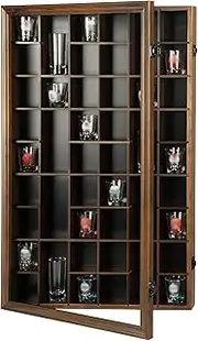 Sboitflmm Shot Glass Display Case - 46 Shot Glass Holder - Shot Glass Shelf Wall Mount Wooden Lockable with Removable Shelves for Collection Shot Glass UV Protection Acrylic Glass Door, Walnut